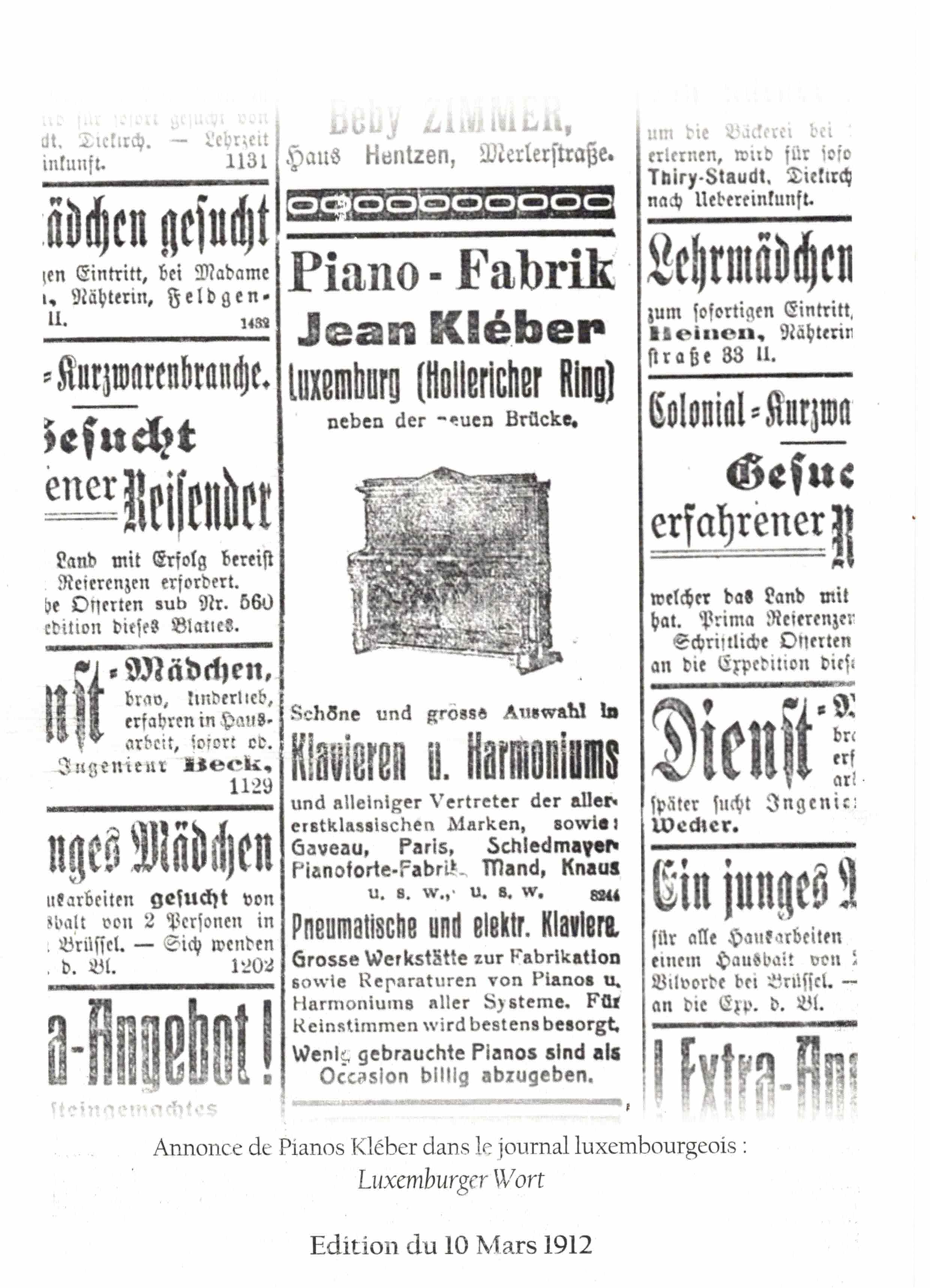 Article Pianos KLEBER 1912